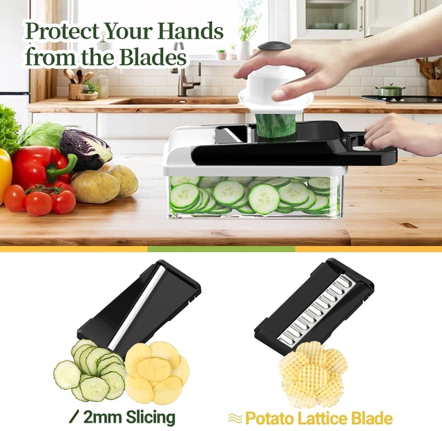 Alt view image 4 of 7 - 12-in-1 Vegetable Chopper 7 Blades, Veggie Cutter with Handle, Black/White | Stainless Steel Blades, Food Container and Lid, Dicer, Slicer, Julienne, Egg Separator, Non-slip Bas