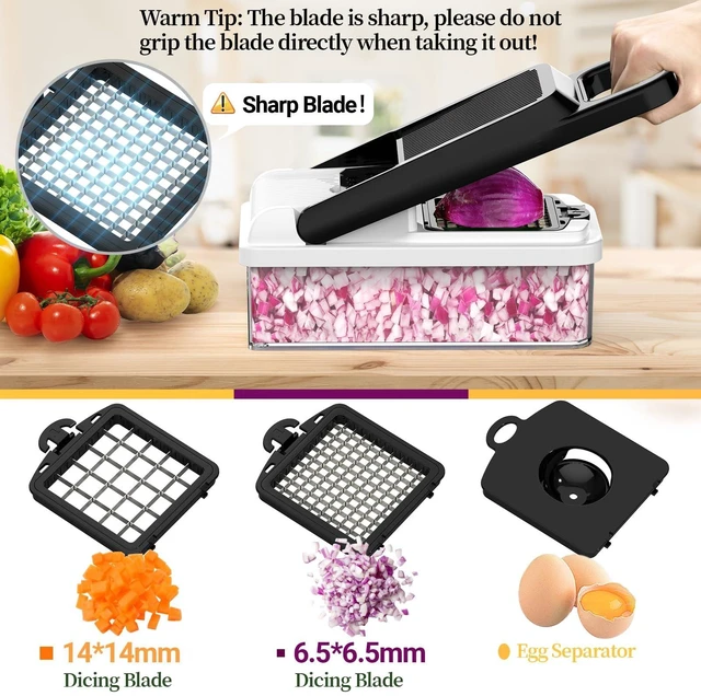Alt view image 3 of 7 - 12-in-1 Vegetable Chopper 7 Blades, Veggie Cutter with Handle, Black/White | Stainless Steel Blades, Food Container and Lid, Dicer, Slicer, Julienne, Egg Separator, Non-slip Bas