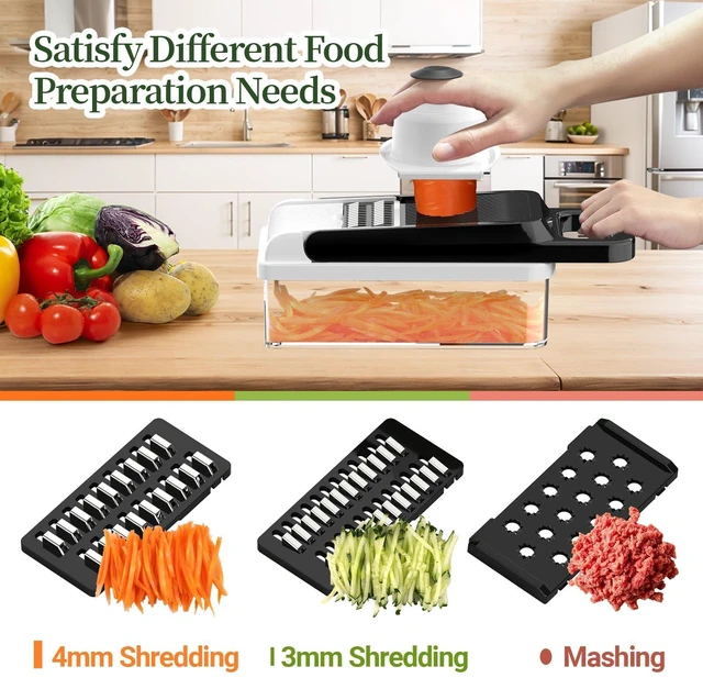 Alt view image 5 of 7 - 12-in-1 Vegetable Chopper 7 Blades, Veggie Cutter with Handle, Black/White | Stainless Steel Blades, Food Container and Lid, Dicer, Slicer, Julienne, Egg Separator, Non-slip Bas