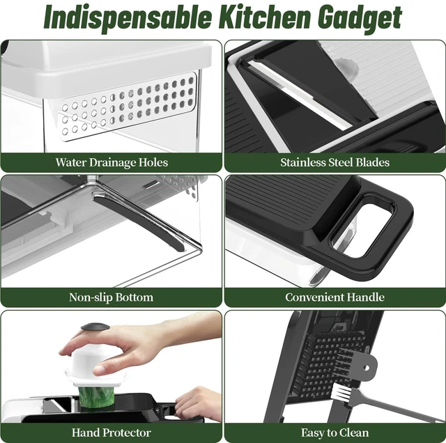 Alt view image 6 of 7 - 12-in-1 Vegetable Chopper 7 Blades, Veggie Cutter with Handle, Black/White | Stainless Steel Blades, Food Container and Lid, Dicer, Slicer, Julienne, Egg Separator, Non-slip Bas