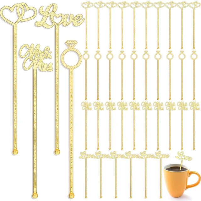 Main image of 50 Pcs Gold Glitter Wedding Plastic Drinks Stirrers 7.5 Inch | Cocktail Stirrers, 4 Shapes, Reusable for Coffee Cocktails Beverage Cupcake Toppers Appetizers, Wedding Festival Party Favor