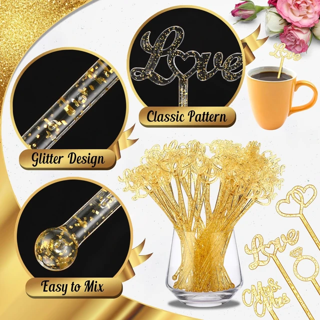 Alt view image 2 of 7 - 50 Pcs Gold Glitter Wedding Plastic Drinks Stirrers 7.5 Inch | Cocktail Stirrers, 4 Shapes, Reusable for Coffee Cocktails Beverage Cupcake Toppers Appetizers, Wedding Festival Party Favor