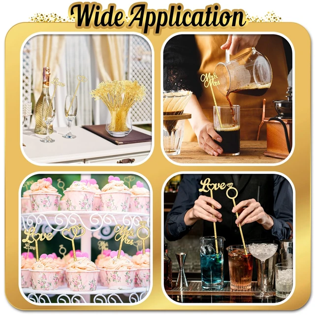 Alt view image 5 of 7 - 50 Pcs Gold Glitter Wedding Plastic Drinks Stirrers 7.5 Inch | Cocktail Stirrers, 4 Shapes, Reusable for Coffee Cocktails Beverage Cupcake Toppers Appetizers, Wedding Festival Party Favor