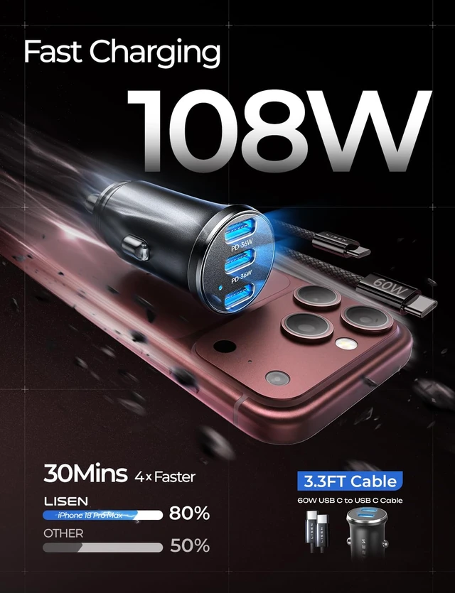 Alt view image 2 of 7 - 108W Car Charger USB C Fast Charging for iPhone Duo 3-Port Cigarette Lighter Adapter Super Fast Charge 12V Type C Cell Phone Automobile Chargers for iPhone 18 17 16 15 Pro Max Samsung S26 Pixel