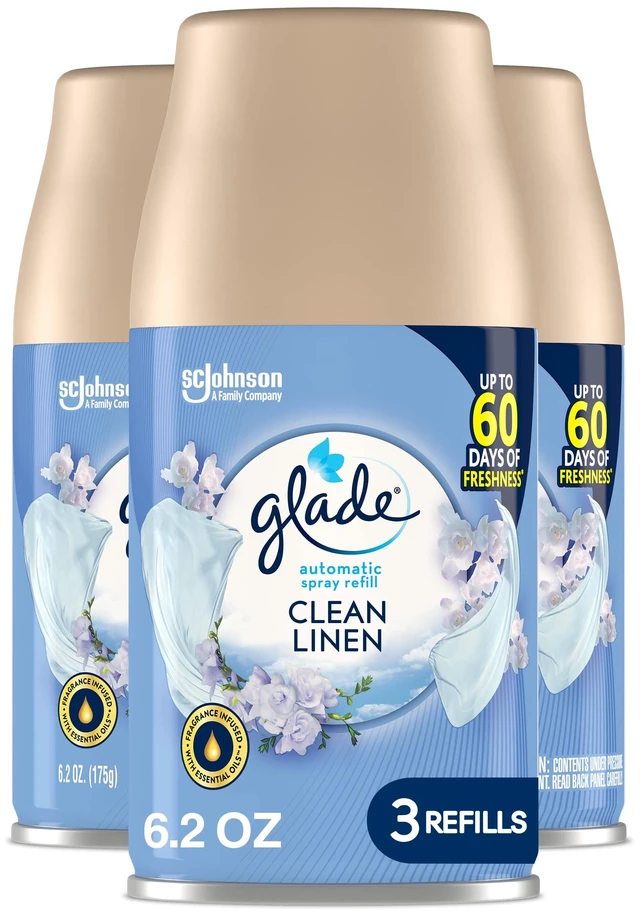 Main image of Automatic Spray Air Freshener Refill, Clean Linen, 3 Count | 6.2 oz Each, Home and Bathroom Use, Fits Glade Automatic Spray Holder, Adjustable Timed Fraegrance Release, Odor Fighting