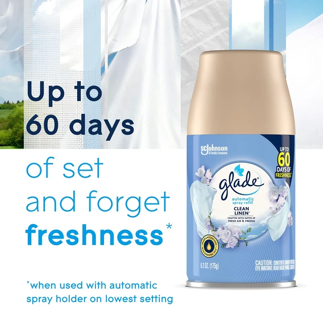 Alt view image 7 of 7 - Automatic Spray Air Freshener Refill, Clean Linen, 3 Count | 6.2 oz Each, Home and Bathroom Use, Fits Glade Automatic Spray Holder, Adjustable Timed Fraegrance Release, Odor Fighting