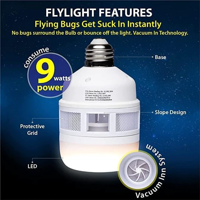 Alt view image 4 of 7 - Flylight LED Flying Insect Trap Light Bulb | Built-in internal vacuum automatically attracts, suctions & traps flying bugs