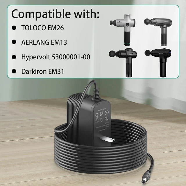 Alt view image 3 of 7 - Replacement for TOLOCO EM26 Massage Gun Charger, 24V Adapter Compatible with TOLOCO EM26 / AERLANG EM13 / Darkiron EM31 / Hypervolt 53000 001-00 42000 038-00 Massage Gun Power Supply Charger Cord
