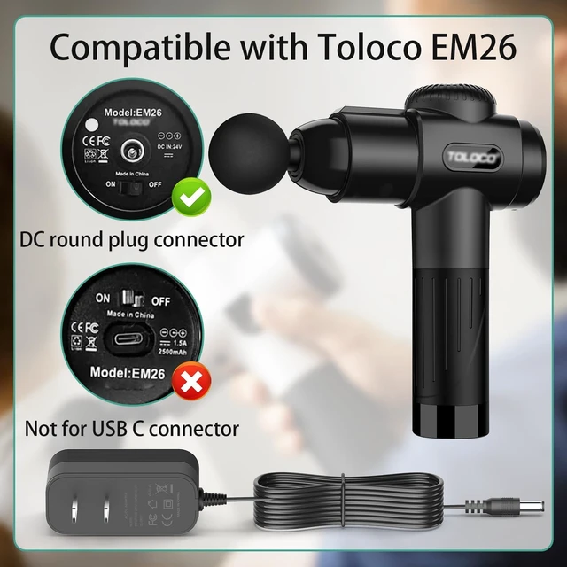 Alt view image 2 of 7 - Replacement for TOLOCO EM26 Massage Gun Charger, 24V Adapter Compatible with TOLOCO EM26 / AERLANG EM13 / Darkiron EM31 / Hypervolt 53000 001-00 42000 038-00 Massage Gun Power Supply Charger Cord