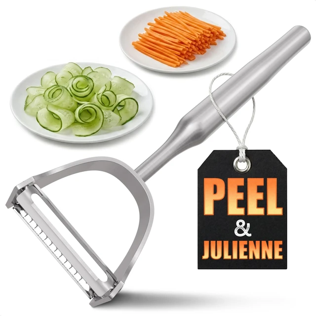 Main image of Stainless Steel Vegetable Peeler, 2-in-1 Peeler and Julienne Shredder Tool with Dual-Sided 420J2 Sharp Blade That Replaces Two Tools for Carrots, Cabbage, Potatoes, Cucumber, 5.6-Inch Ergonomic Handle