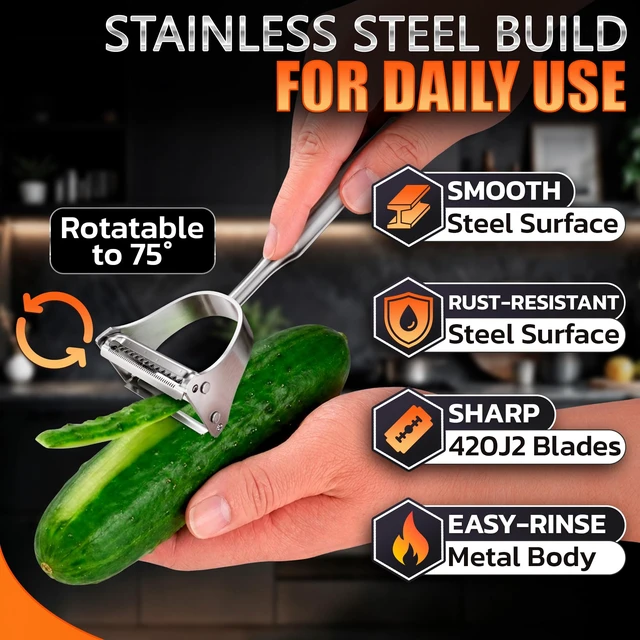 Alt view image 3 of 7 - Stainless Steel Vegetable Peeler, 2-in-1 Peeler and Julienne Shredder Tool with Dual-Sided 420J2 Sharp Blade That Replaces Two Tools for Carrots, Cabbage, Potatoes, Cucumber, 5.6-Inch Ergonomic Handle