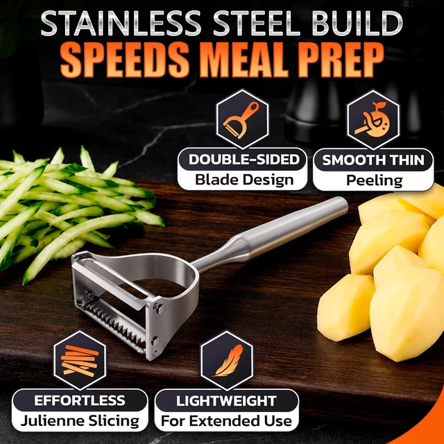 Alt view image 4 of 7 - Stainless Steel Vegetable Peeler, 2-in-1 Peeler and Julienne Shredder Tool with Dual-Sided 420J2 Sharp Blade That Replaces Two Tools for Carrots, Cabbage, Potatoes, Cucumber, 5.6-Inch Ergonomic Handle