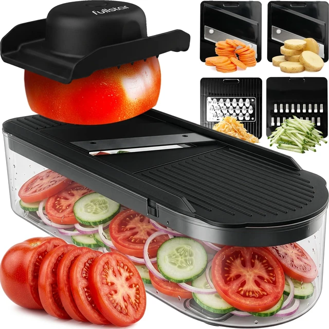 Main image of Essential Mandoline Vegetable Slicer & Julienne Cutter | 4 in 1 Compact Fruit Cutter, Cucumber Slicer & Cheese Grater, with Stainless Steel Blades, Guard & 3-Cup Container (Black)