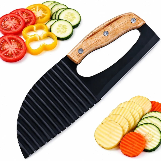 Main image of Crinkle Cutter Knife, Wavy Chopper Knife with Wood Handle, Stainless Steel Wave Slicer for Potato, Carrot, Cucumber, Crinkle Fry Cutter for Home Kitchen & Food Prep