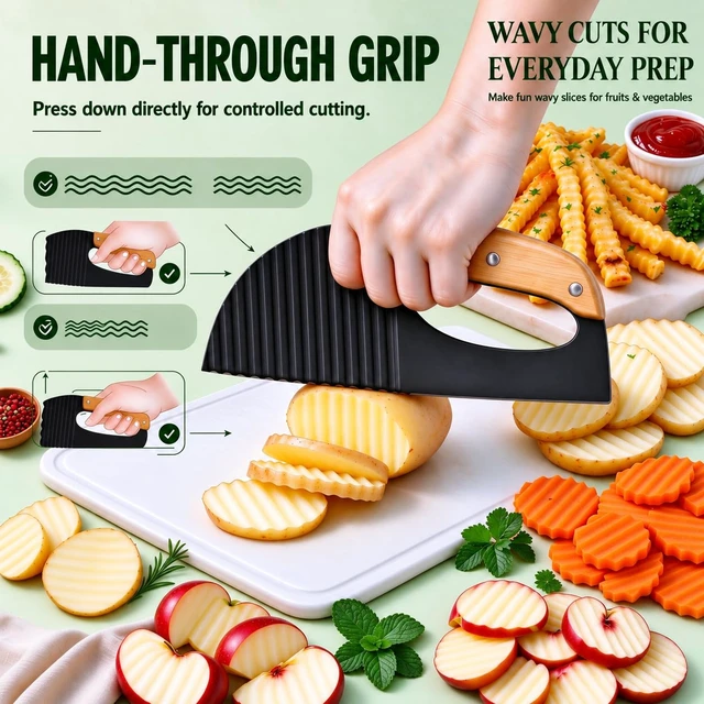 Alt view image 3 of 7 - Crinkle Cutter Knife, Wavy Chopper Knife with Wood Handle, Stainless Steel Wave Slicer for Potato, Carrot, Cucumber, Crinkle Fry Cutter for Home Kitchen & Food Prep