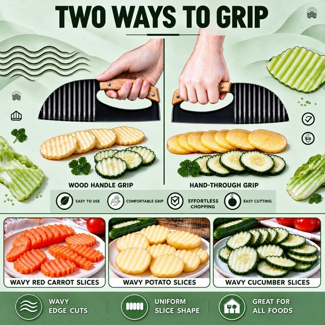 Alt view image 4 of 7 - Crinkle Cutter Knife, Wavy Chopper Knife with Wood Handle, Stainless Steel Wave Slicer for Potato, Carrot, Cucumber, Crinkle Fry Cutter for Home Kitchen & Food Prep