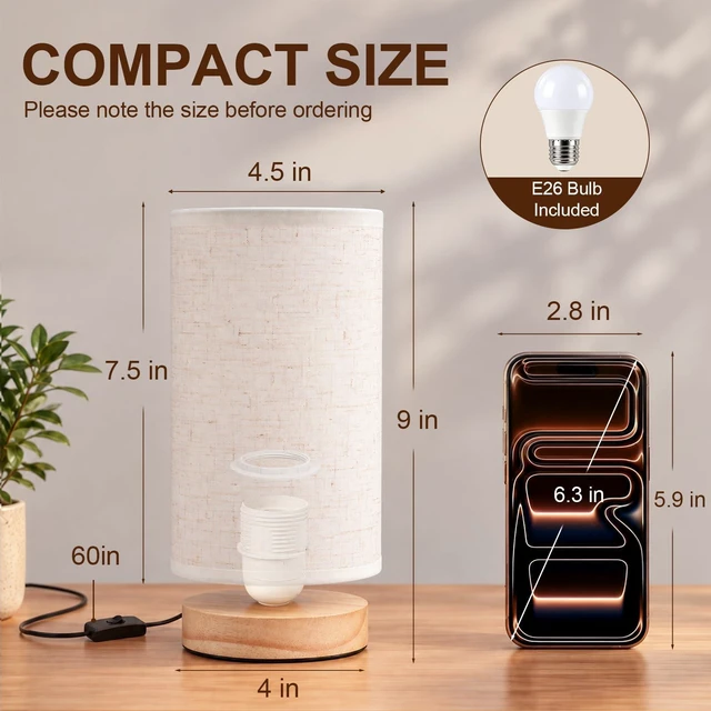 Alt view image 2 of 7 - Small Bedside Table Lamp for Bedroom, Inline Switch, Wood Base | Round Linen Fabric Shade, Minimalist Design, 9" Compact Desk Lamp for Living Room, Nightstand, Kids Room, Dorm or Office