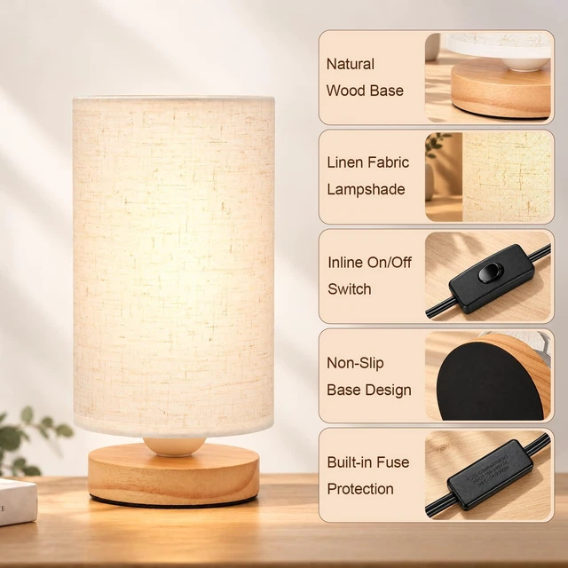 Alt view image 3 of 7 - Small Bedside Table Lamp for Bedroom, Inline Switch, Wood Base | Round Linen Fabric Shade, Minimalist Design, 9" Compact Desk Lamp for Living Room, Nightstand, Kids Room, Dorm or Office