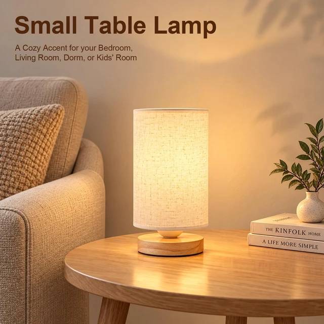 Alt view image 6 of 7 - Small Bedside Table Lamp for Bedroom, Inline Switch, Wood Base | Round Linen Fabric Shade, Minimalist Design, 9" Compact Desk Lamp for Living Room, Nightstand, Kids Room, Dorm or Office