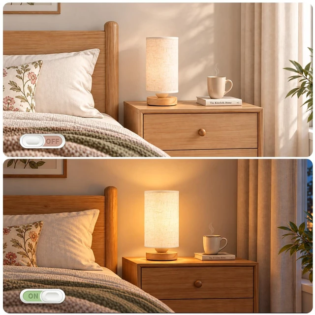 Alt view image 5 of 7 - Small Bedside Table Lamp for Bedroom, Inline Switch, Wood Base | Round Linen Fabric Shade, Minimalist Design, 9" Compact Desk Lamp for Living Room, Nightstand, Kids Room, Dorm or Office