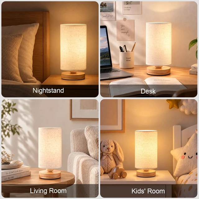 Alt view image 7 of 7 - Small Bedside Table Lamp for Bedroom, Inline Switch, Wood Base | Round Linen Fabric Shade, Minimalist Design, 9" Compact Desk Lamp for Living Room, Nightstand, Kids Room, Dorm or Office