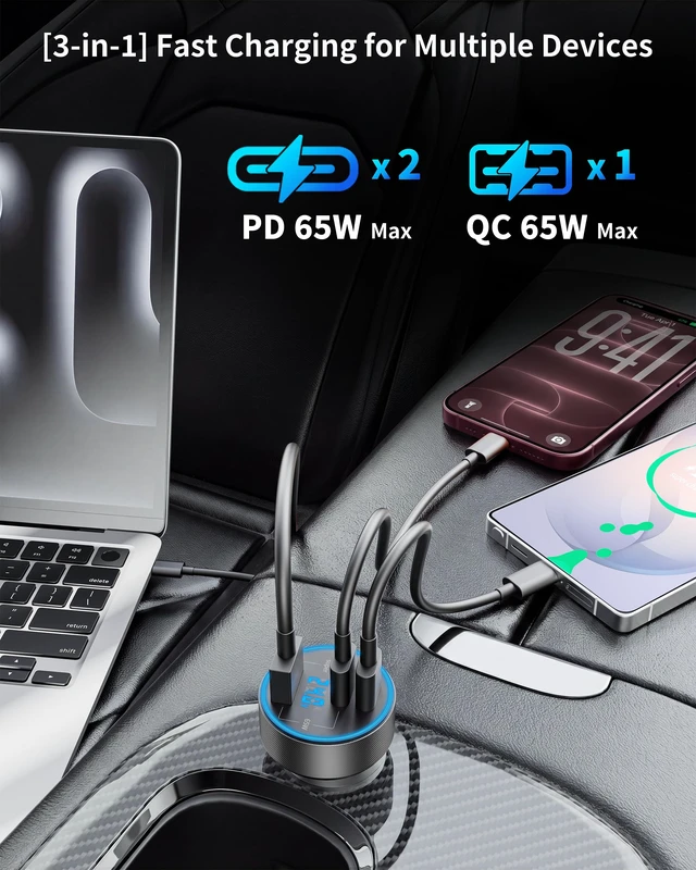 Alt view image 4 of 7 - Car Charger USB C, 130W 3-Port Fast Cigarette Lighter USB Charger Adapter | with Voltage Display,12V-24V USB Outlet, Super Fast Charging for iPhone 18 17 16 15 14 13 Pro Max iPad