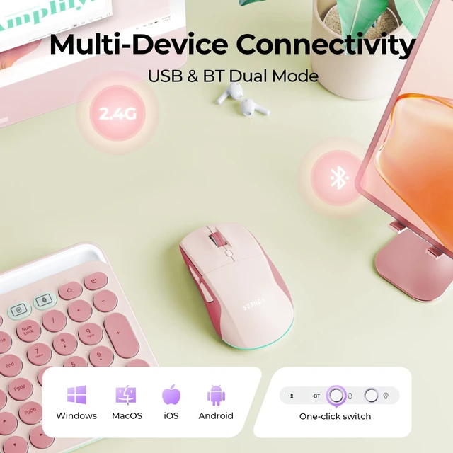 Alt view image 2 of 7 - MOU110 Wireless Bluetooth Mouse, Rechargeable & RGB Design, Pink | 2.4G USB & Bluetooth, Silent, 3-Level DPI, Right-Hand Ergonomic Mouse for Laptop, iPad, MacBook, Desktop Work & Casual Gaming