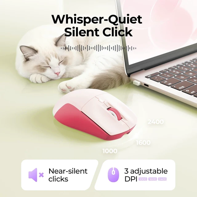Alt view image 5 of 7 - MOU110 Wireless Bluetooth Mouse, Rechargeable & RGB Design, Pink | 2.4G USB & Bluetooth, Silent, 3-Level DPI, Right-Hand Ergonomic Mouse for Laptop, iPad, MacBook, Desktop Work & Casual Gaming