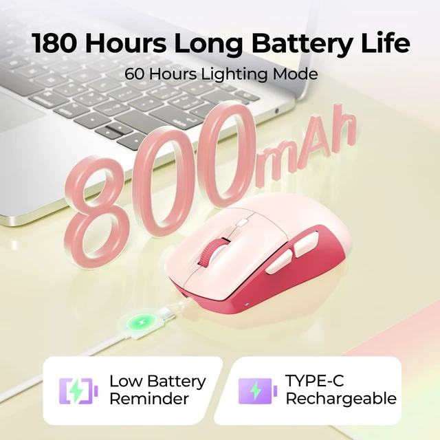 Alt view image 6 of 7 - MOU110 Wireless Bluetooth Mouse, Rechargeable & RGB Design, Pink | 2.4G USB & Bluetooth, Silent, 3-Level DPI, Right-Hand Ergonomic Mouse for Laptop, iPad, MacBook, Desktop Work & Casual Gaming