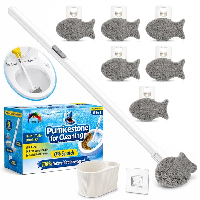 Main image of Pumice Stone for Toilet Bowl Cleaning, 8-in-1 Toilet Cleaning Kit with 6 Replaceable Fish Heads, 17" Extra Long Handle, Wall Mount Holder, Removes Hard Water Stains, Mineral Deposits & Rust Rings