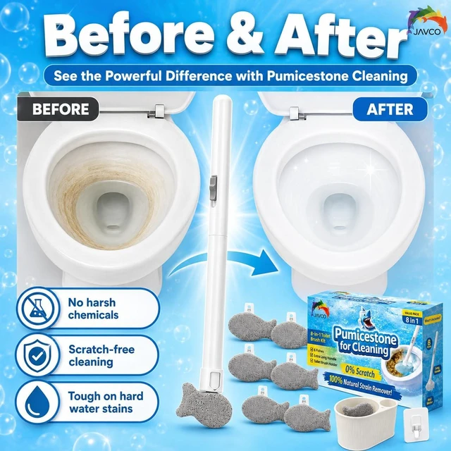 Alt view image 2 of 6 - Pumice Stone for Toilet Bowl Cleaning, 8-in-1 Toilet Cleaning Kit with 6 Replaceable Fish Heads, 17" Extra Long Handle, Wall Mount Holder, Removes Hard Water Stains, Mineral Deposits & Rust Rings