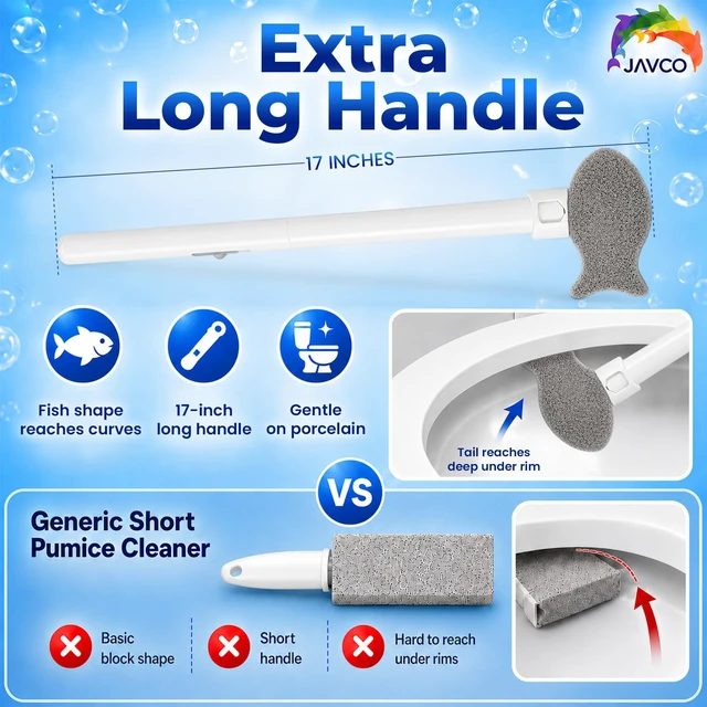 Alt view image 3 of 6 - Pumice Stone for Toilet Bowl Cleaning, 8-in-1 Toilet Cleaning Kit with 6 Replaceable Fish Heads, 17" Extra Long Handle, Wall Mount Holder, Removes Hard Water Stains, Mineral Deposits & Rust Rings