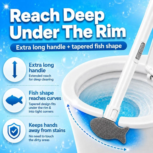 Alt view image 5 of 6 - Pumice Stone for Toilet Bowl Cleaning, 8-in-1 Toilet Cleaning Kit with 6 Replaceable Fish Heads, 17" Extra Long Handle, Wall Mount Holder, Removes Hard Water Stains, Mineral Deposits & Rust Rings