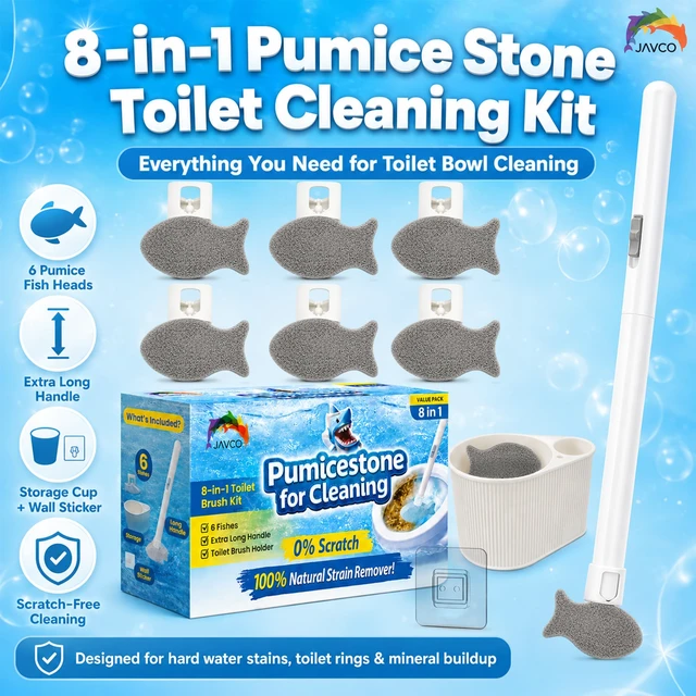 Alt view image 6 of 6 - Pumice Stone for Toilet Bowl Cleaning, 8-in-1 Toilet Cleaning Kit with 6 Replaceable Fish Heads, 17" Extra Long Handle, Wall Mount Holder, Removes Hard Water Stains, Mineral Deposits & Rust Rings