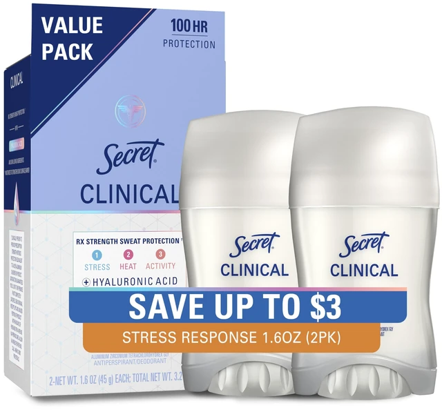 Main image of Clinical Antiperspirant Deodorant, Stress Response, 1.6 oz Pack of 2 | 100HR Sweat & Odor Protection for Women | Invisible Solid | Fights 3 Types of Sweat | Pro-Hyaluronic Acid & pH Balancing