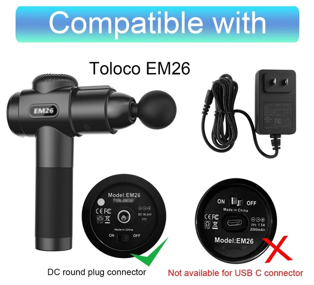 Alt view image 3 of 6 - EM26 Charger for Toloco Massage Gun Charger Darkiron Em31 Cord | For Aerlang Em13 Massage Gun Charger 24V 1A Toloco Em26 Replacement Charging Power Cord barrel plug