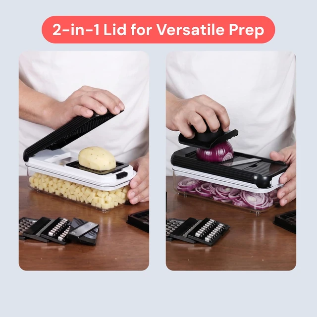 Alt view image 3 of 7 - Essential Vegetable Chopper & Mandoline Slicer 8-in-1 Kitchen Tool | Multi-Blade Compact Food Chopper, 3-Cup Container, Veggie Slicer, Julienne, Dicer, Grater, Dishwasher Safe Kitchen Gadgets