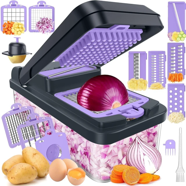 Main image of 12-in-1 Vegetable Chopper with 7 Blades, Food Veggie Cutter, Purple | Includes Egg Separator, Food Container and Finger Guard, Non-slip Base, for Chopping, Slicing, Shredding, and Mincing