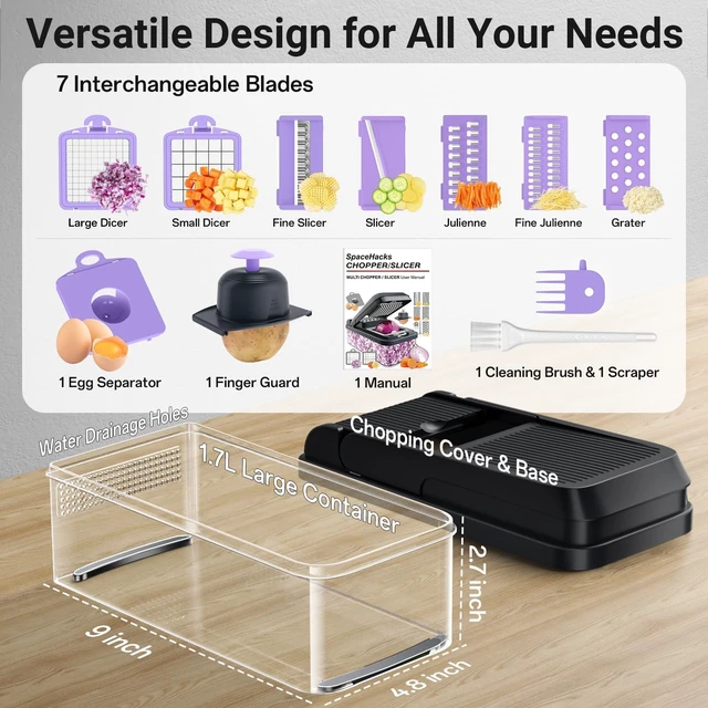 Alt view image 2 of 7 - 12-in-1 Vegetable Chopper with 7 Blades, Food Veggie Cutter, Purple | Includes Egg Separator, Food Container and Finger Guard, Non-slip Base, for Chopping, Slicing, Shredding, and Mincing
