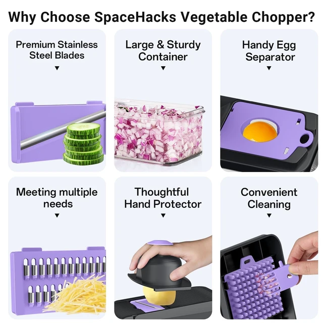 Alt view image 3 of 7 - 12-in-1 Vegetable Chopper with 7 Blades, Food Veggie Cutter, Purple | Includes Egg Separator, Food Container and Finger Guard, Non-slip Base, for Chopping, Slicing, Shredding, and Mincing