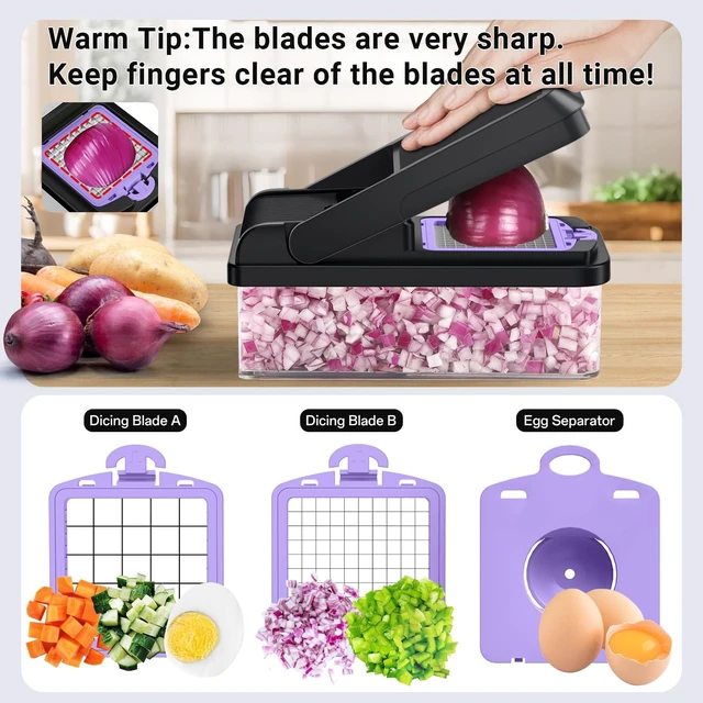 Alt view image 4 of 7 - 12-in-1 Vegetable Chopper with 7 Blades, Food Veggie Cutter, Purple | Includes Egg Separator, Food Container and Finger Guard, Non-slip Base, for Chopping, Slicing, Shredding, and Mincing