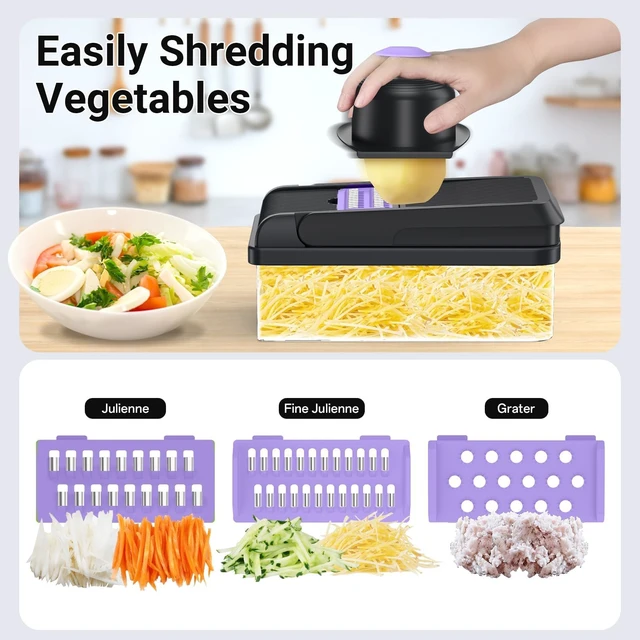 Alt view image 5 of 7 - 12-in-1 Vegetable Chopper with 7 Blades, Food Veggie Cutter, Purple | Includes Egg Separator, Food Container and Finger Guard, Non-slip Base, for Chopping, Slicing, Shredding, and Mincing