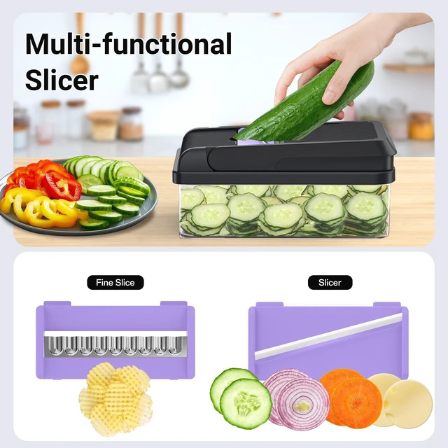 Alt view image 6 of 7 - 12-in-1 Vegetable Chopper with 7 Blades, Food Veggie Cutter, Purple | Includes Egg Separator, Food Container and Finger Guard, Non-slip Base, for Chopping, Slicing, Shredding, and Mincing