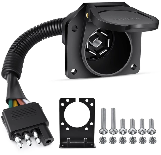 Main image of 4 Way Flat to 7 Way Round Blade Trailer Adapter Wiring Harness | 4 Pin to 7 Pin Electrical Connect Wiring Plug Connector with Mounting Bracket for RV Truck Factory Tow Package