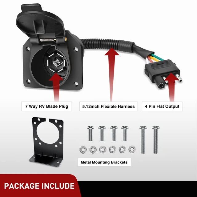 Alt view image 5 of 7 - 4 Way Flat to 7 Way Round Blade Trailer Adapter Wiring Harness | 4 Pin to 7 Pin Electrical Connect Wiring Plug Connector with Mounting Bracket for RV Truck Factory Tow Package