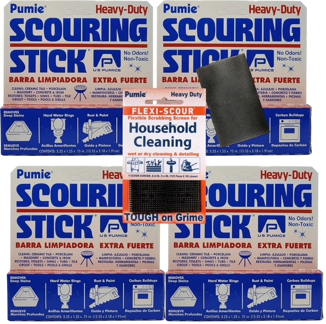 Main image of Pumice Scouring Stick + Flexi-Scour Pad, 100% Natural, 4-Pack | Bathroom, Pools and Tubs, Pumice Stone for Toilet Cleaning, Rust and Grills, Pack of 4, Includes a Scouring Pad Too