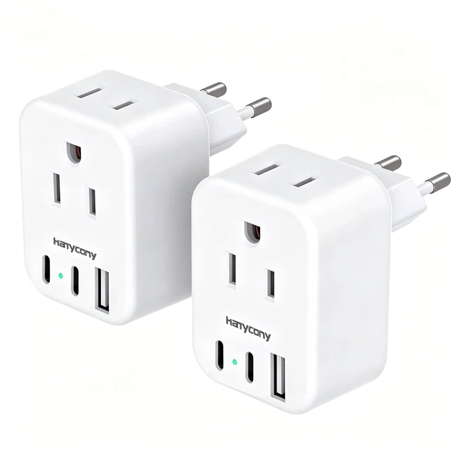 Main image of European Plug Adapter, US to Europe Power Adapter Travel Essentials, 2 Pack | 2 Outlets 3 USB Ports (2 USB C), Type C Travel Adapter for Italy Spain France Germany Greece Iceland, Cruise Ship Approved