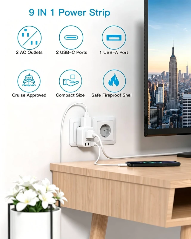 Alt view image 2 of 7 - European Plug Adapter, US to Europe Power Adapter Travel Essentials, 2 Pack | 2 Outlets 3 USB Ports (2 USB C), Type C Travel Adapter for Italy Spain France Germany Greece Iceland, Cruise Ship Approved