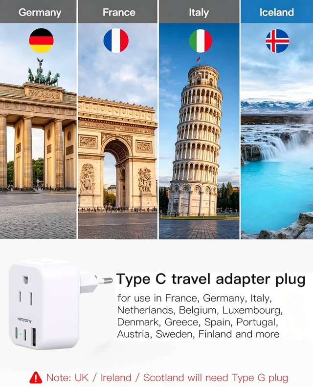 Alt view image 3 of 7 - European Plug Adapter, US to Europe Power Adapter Travel Essentials, 2 Pack | 2 Outlets 3 USB Ports (2 USB C), Type C Travel Adapter for Italy Spain France Germany Greece Iceland, Cruise Ship Approved