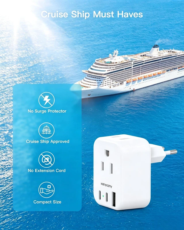 Alt view image 4 of 7 - European Plug Adapter, US to Europe Power Adapter Travel Essentials, 2 Pack | 2 Outlets 3 USB Ports (2 USB C), Type C Travel Adapter for Italy Spain France Germany Greece Iceland, Cruise Ship Approved